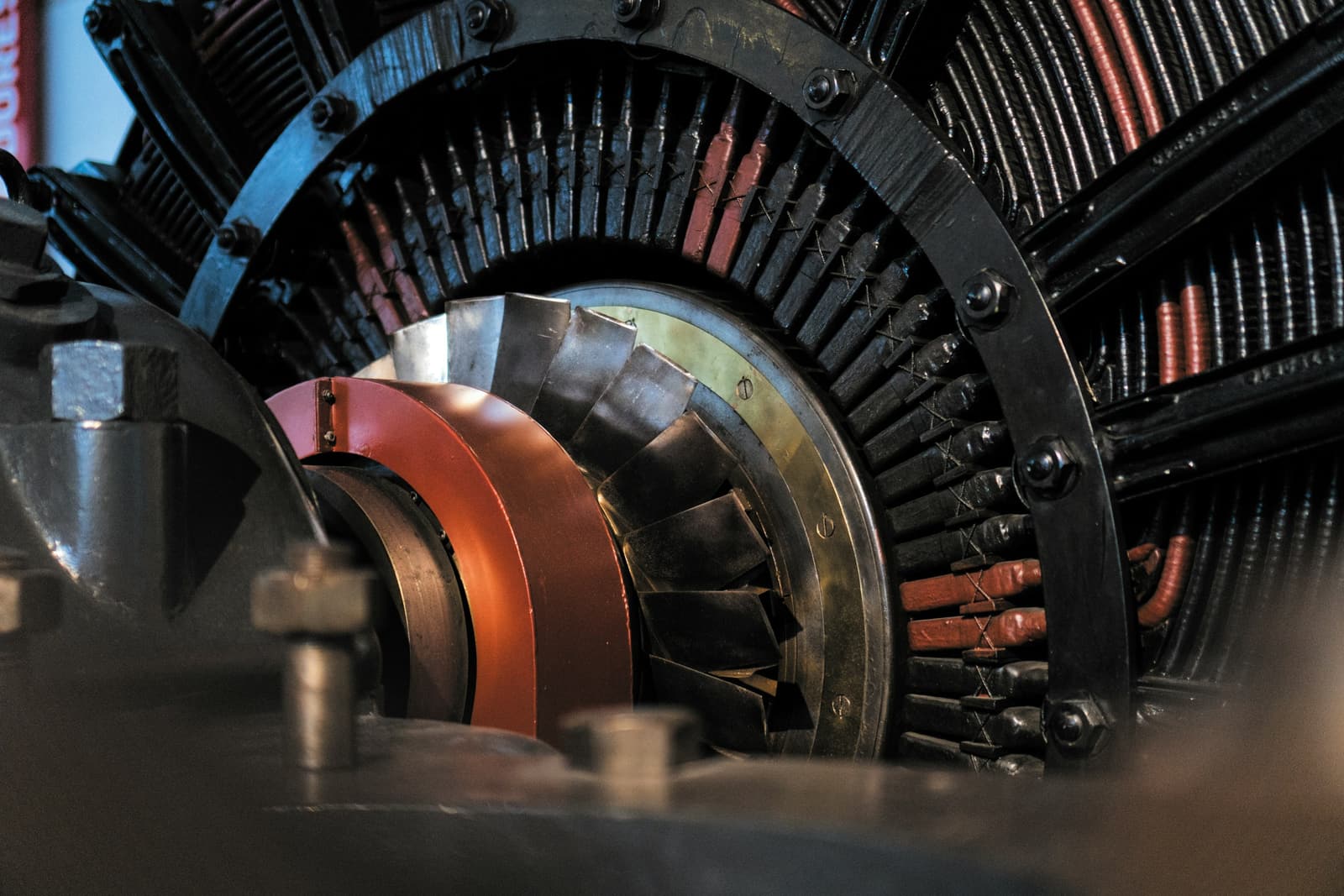 The armature and commutator at the end of a large old DC motor