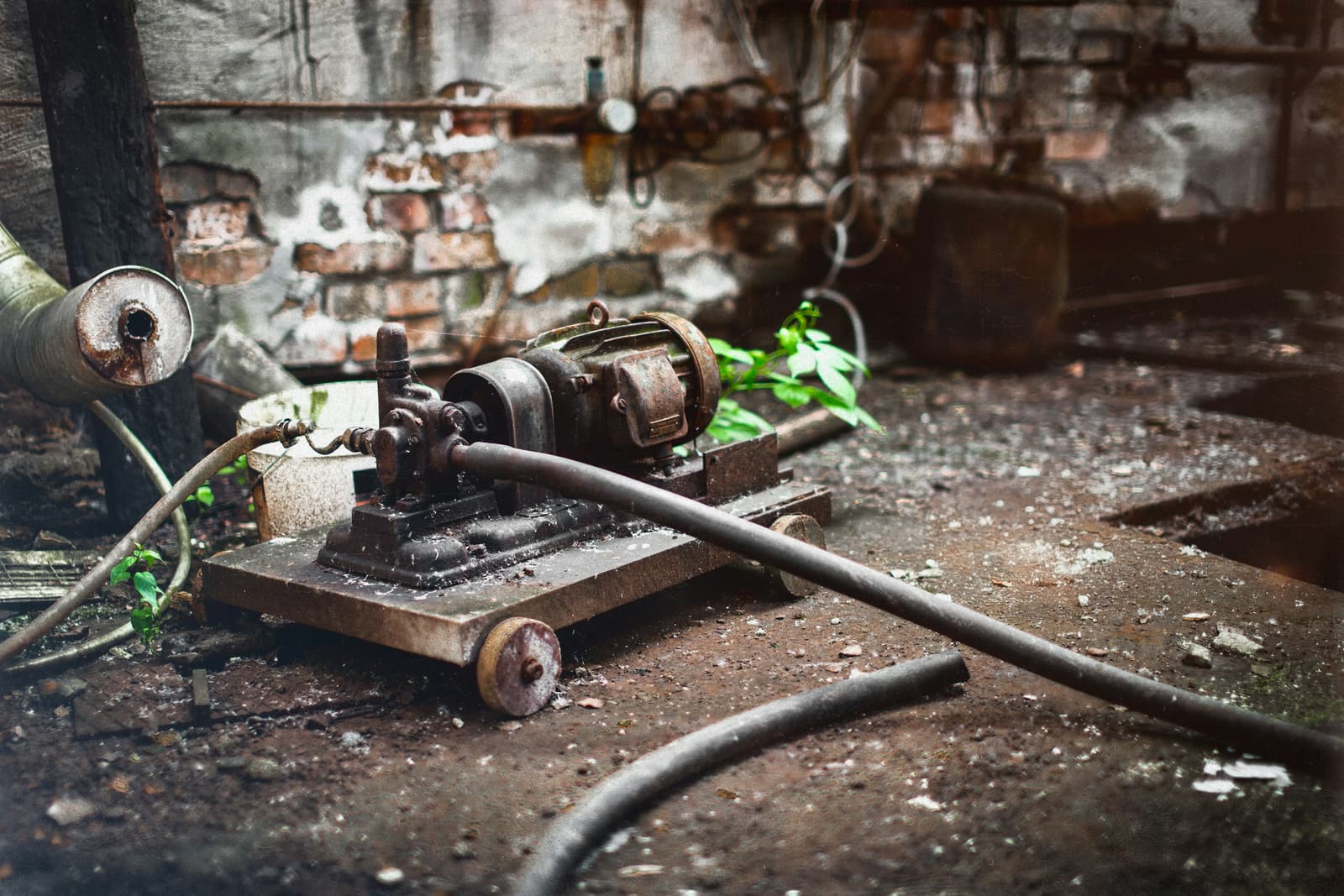 A rusted electric motor driving a gear pump on a small wheeled cart, its hose lying across the floor